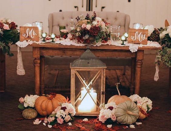 Pretty October Wedding Pumpkin Decor Lovely Floral Bouquet Candle Lantern Inspiration