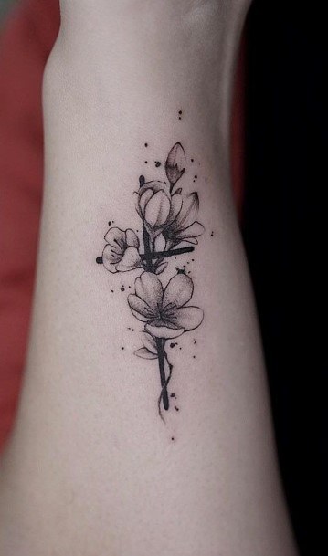 Pretty Petalled Flowers On Cross Tattoo Womens Forearms