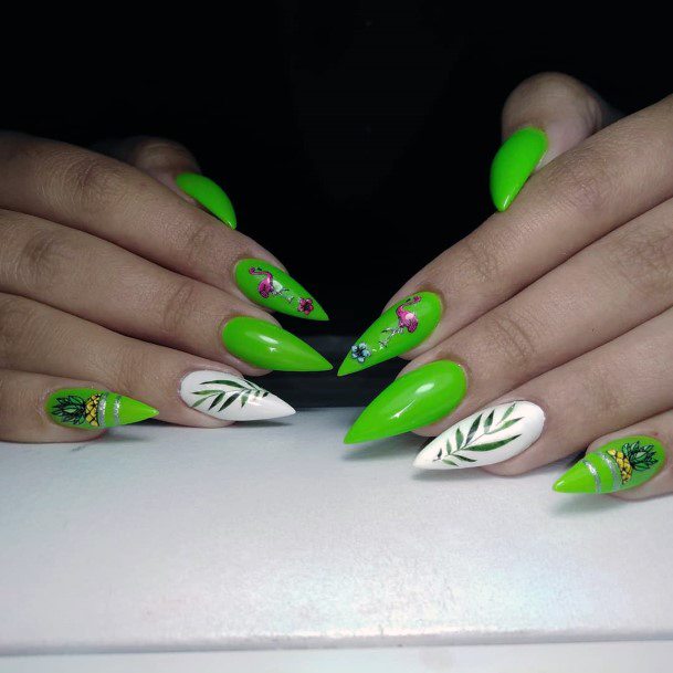 Pretty Pink Flamingos And Leaves Neon Green Nails