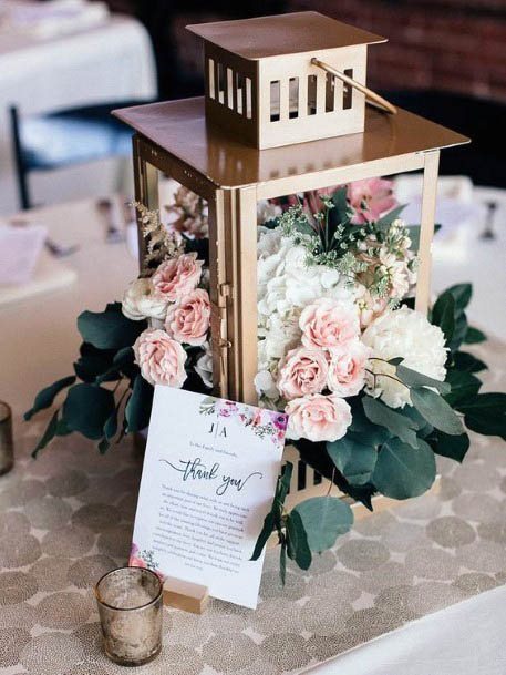 Pretty Pink Roses Gold Flower Holder Lantern Style Wedding Decor Ideas