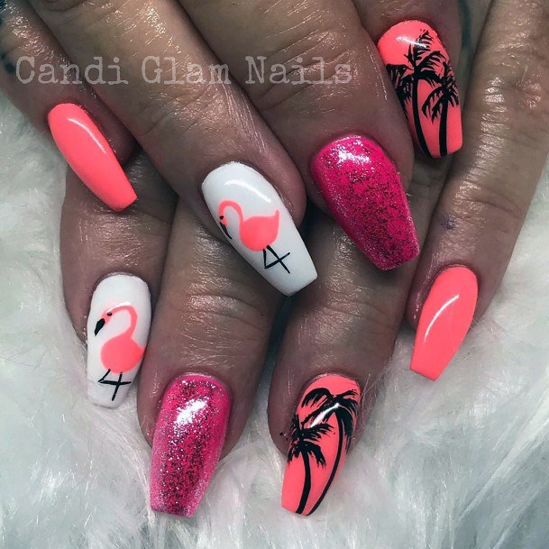 Pretty Pink Sparkly Flamingo Palm Tree Nails Inspiration For Women