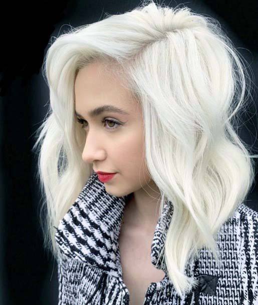 Pretty Platinum Blonde Hairstyle For Women Long Bob Wavy Texture