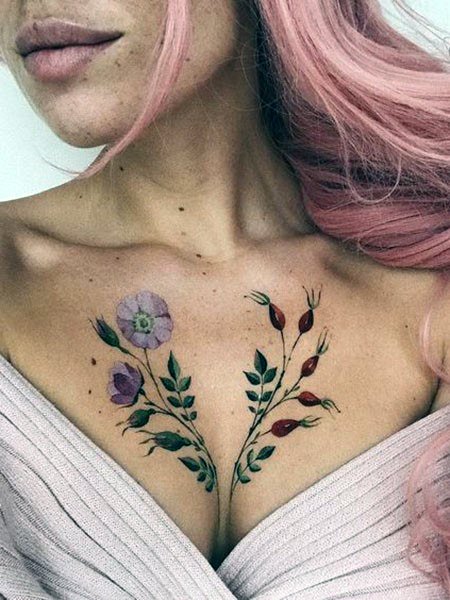 Pretty Purple Flowers And Red Bulbs Womens Chest Tattoo