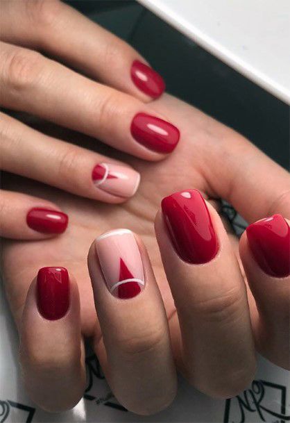 Pretty Red Short Nails With Pearly Pinkish Accent For Women