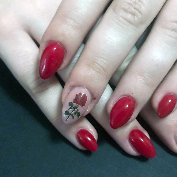 Pretty Rose Motif On Red Nails Women