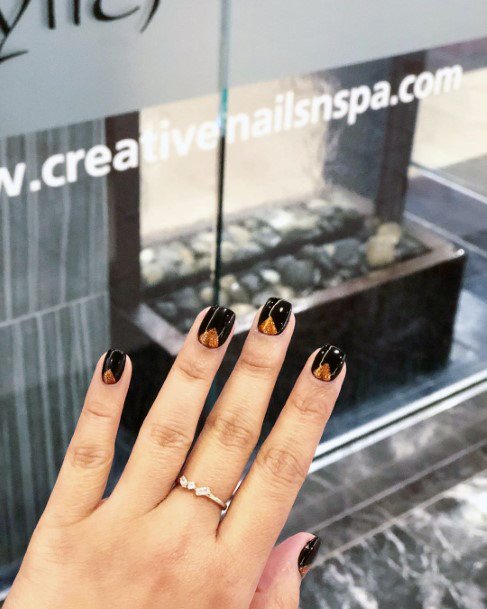 Pretty Shiny Black And Orange Triangle Nail Ideas For Ladies