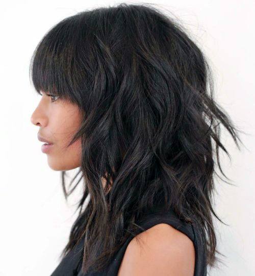 Pretty Shiny Textured Dark Brown Shoulder Length Shag Womens Hairstyle