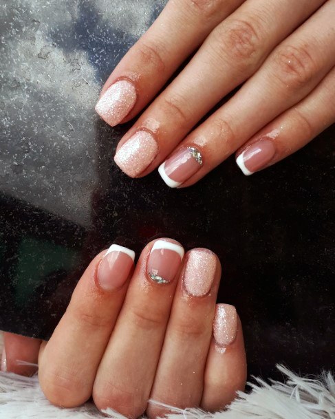 Pretty Sparkly Nude White French Tip Prom Nail Ideas For Women