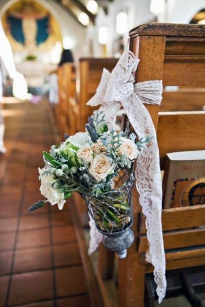 Pretty Wedding Pew Floral Bouquet Cute White Ribbon Decoration Ideas