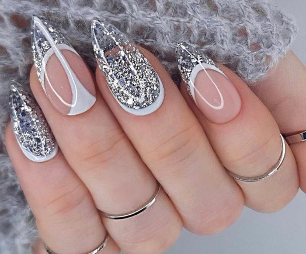 Pretty White And Silver Nails Women