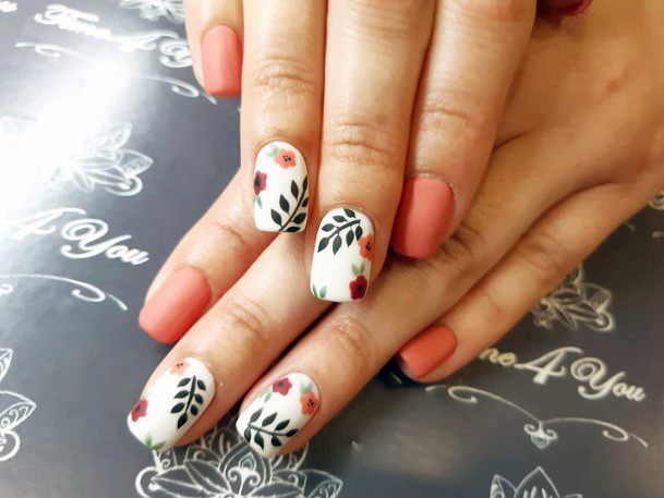 Pretty White Cute Leaves Design May Nail For Girls Ideas