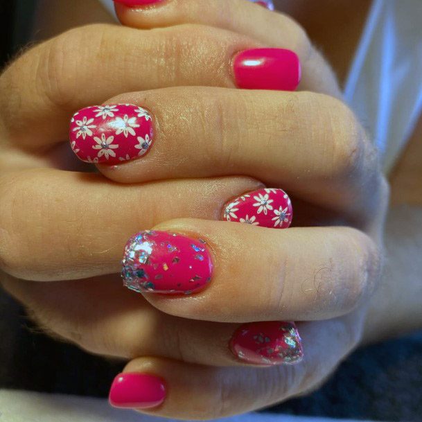 Printed White Flowers On Hot Pink Nail Art