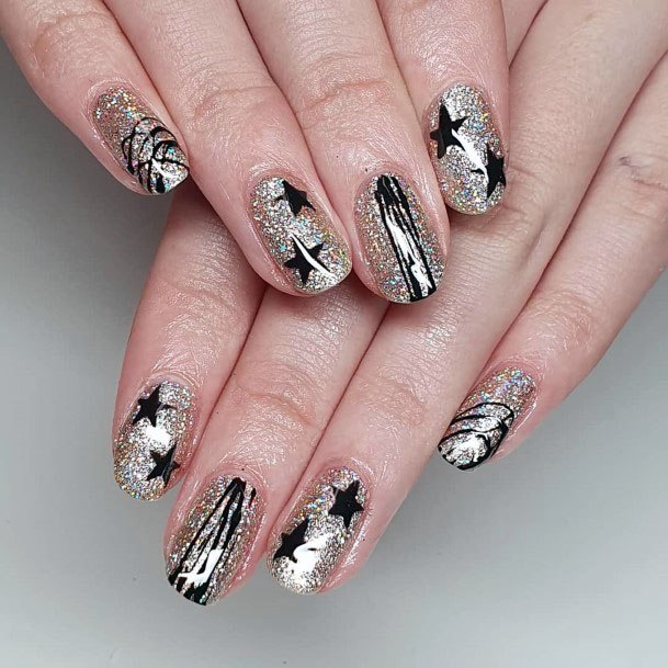 Prismatic Starry Black And Silver Nail Design For Women