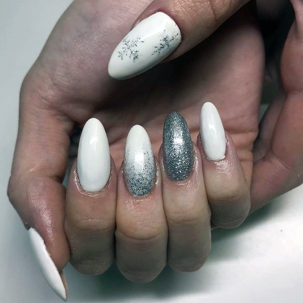 Pristine White Snow Nails With Grey Accent For Women