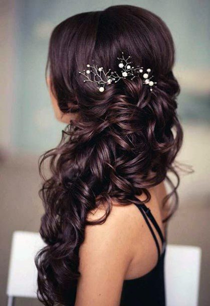 Prom Hairstyle Black Hair Pulled To Side Cascading Curls Pearl Accents