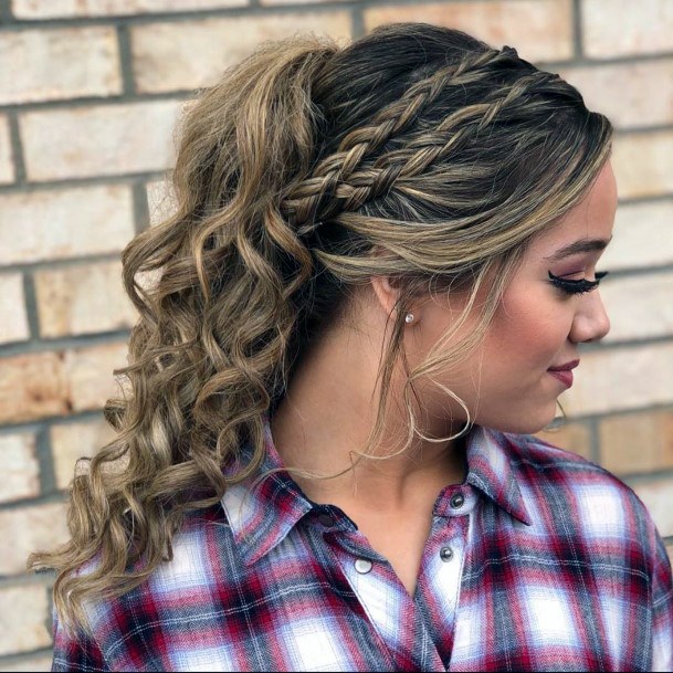 Prom Hairstyle For Women Two Side Braids Into Curled Ponytail And Tendrils