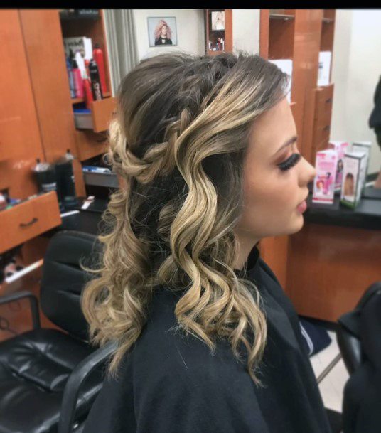 Prom Hairstyle Ideas Shoulder Length Ombre Chocolate To Light Blonde Half Pull Back