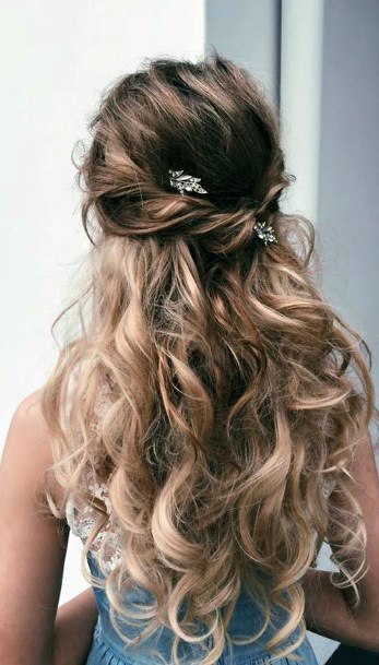 Prom Hairstyle Long Hair With Large Curls Half Pullback Secured With Crystal Clips