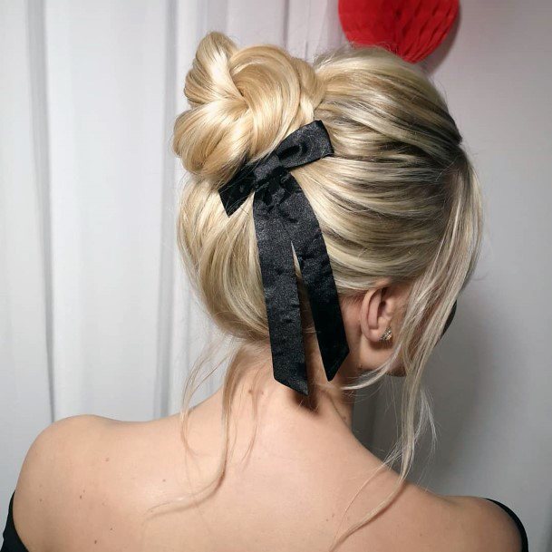 Prom Updo Light Blonde Traditional Bun With Simple Black Bow