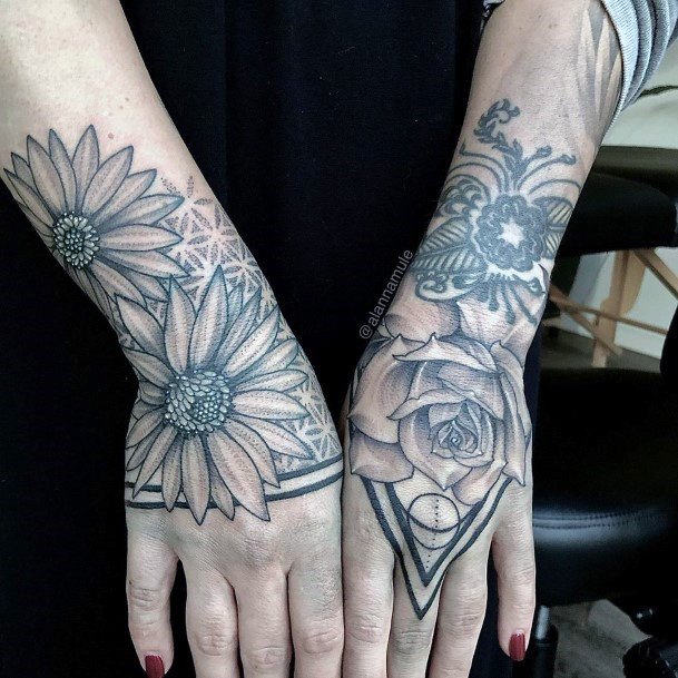 Protuding Flowers Geometric Tattoo Womens Hands