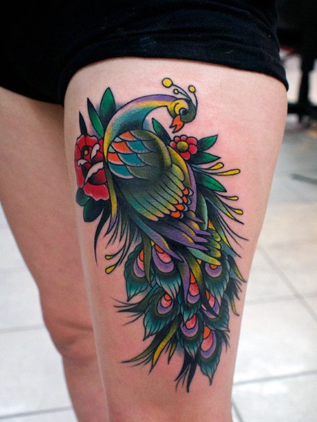 Proud Peacock Tattoo Womens Thighs