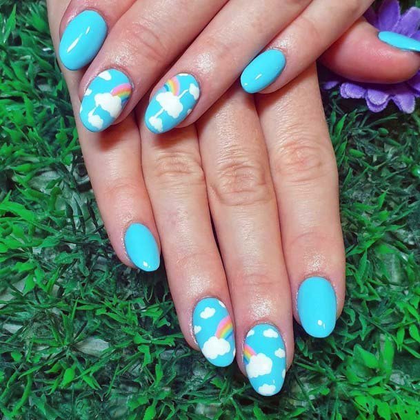 Puffy Clouds And Rainbow Bright Blue Nails For Women