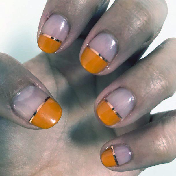 Pumpkin Colored Tips With Metallic Ring Nails For Women