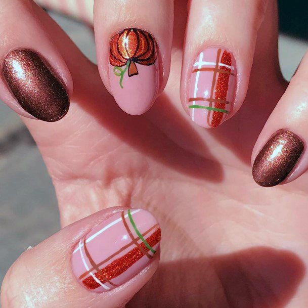 Pumpkin Nails With Checked Art For Women