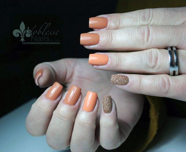 Pumpkin Shaded Orange Nails With Sandy Brown Accent For Women