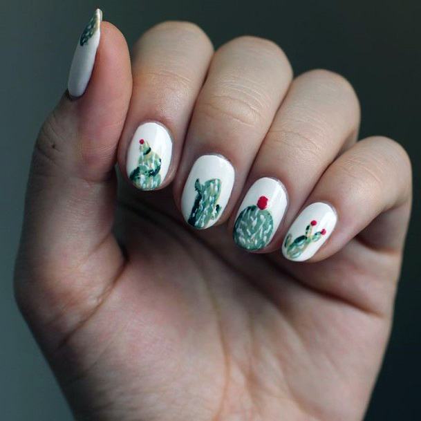 Pure White Nails With Cactus Women