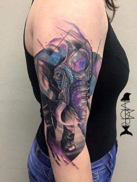 Purple And Black Elephant Tattoo Womens Arms