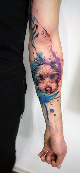 Purple And Blue Splash Dog Tattoo Womens Hands