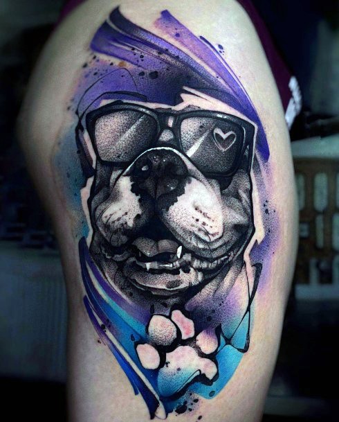 Purple And Blue Tinted Dog Tattoo For Women