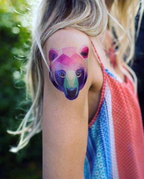 Purple And Green Shaded Bear Head Tattoo For Women Geometric