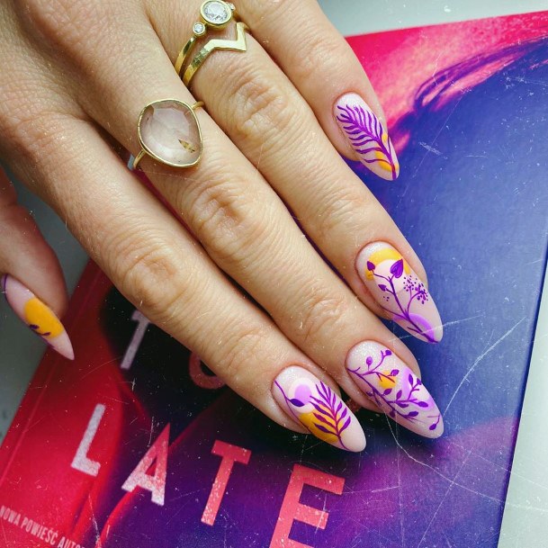 Purple And Orange Leafy Design Attractive Nails