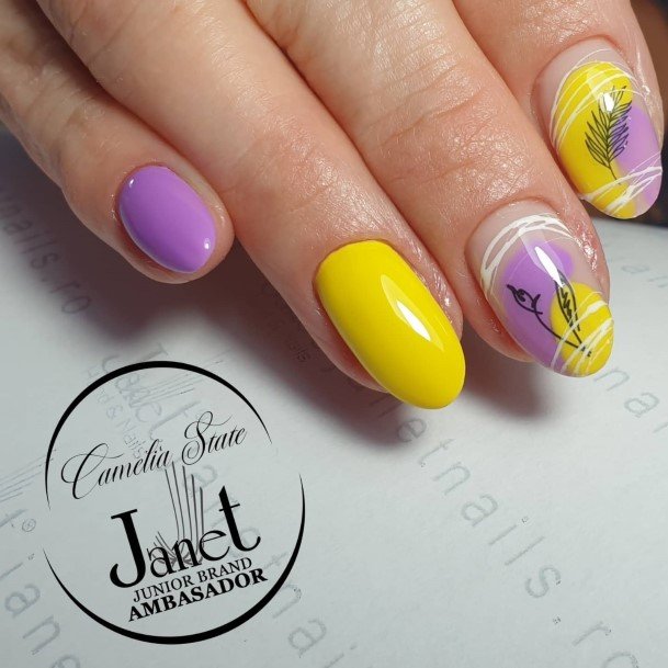 Purple And Yellow Girls Nail Ideas