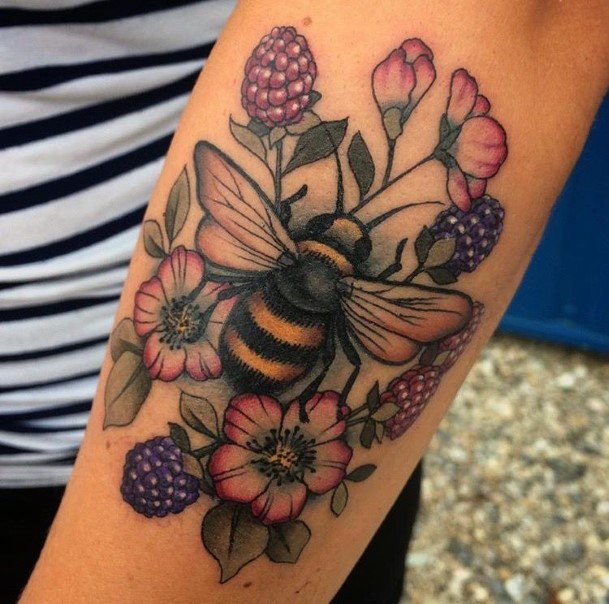 Purple Blossoms And Bee Tattoo For Women Hands