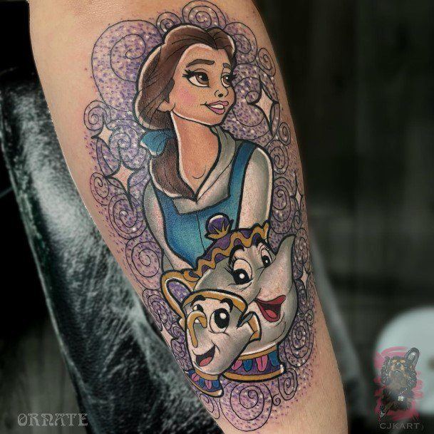 Purple Cartoon Arm Beauty And The Beast Female Tattoo Designs