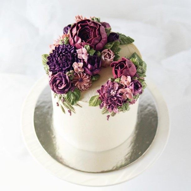 Purple Florals White Cake Wedding