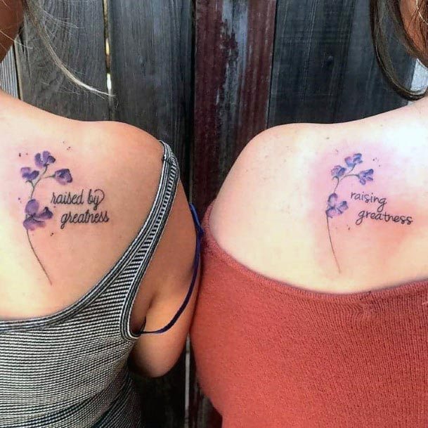 Purple Flowers And Quotes Mother Daughter Tattoo