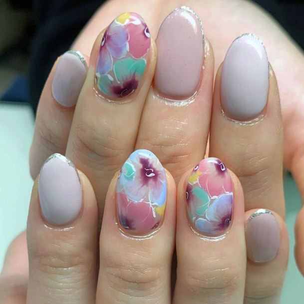 Purple Flowers On Nails Women