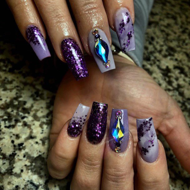 Purple Glitters And Bling Square Nails