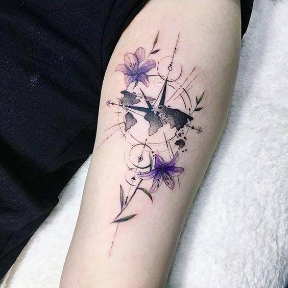 Purple Orchids And Compass Tattoo Women Hands