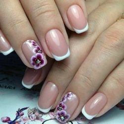 Purple Orchids On White Polished Nail Tips