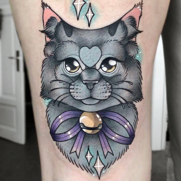 Purple Ribbon Tattoo With Gem Cat For Women