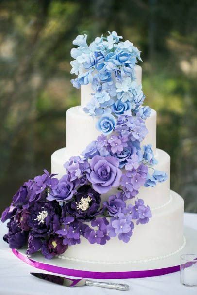 Purple Shaded Flowers On White Cake Wedding