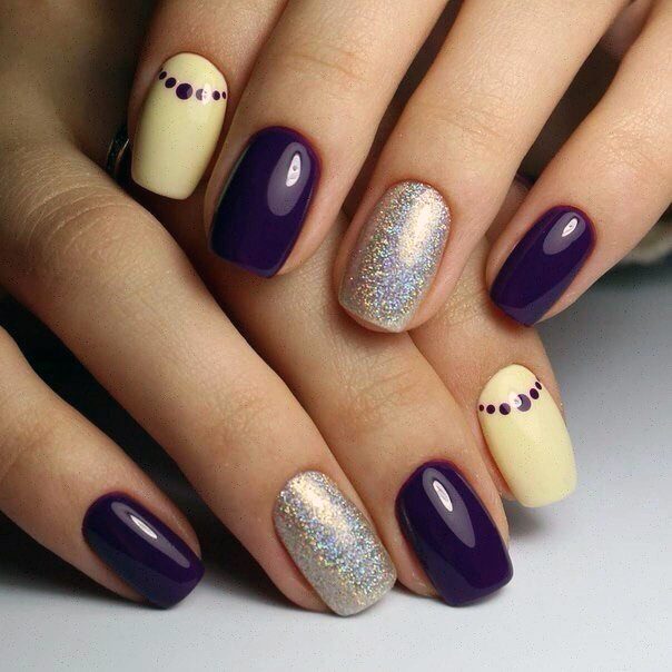 Purple Silver And Pale Yellow Nails For Women