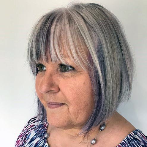 Purple Tinted Lob Hairstyles For Over 50 With Round Face