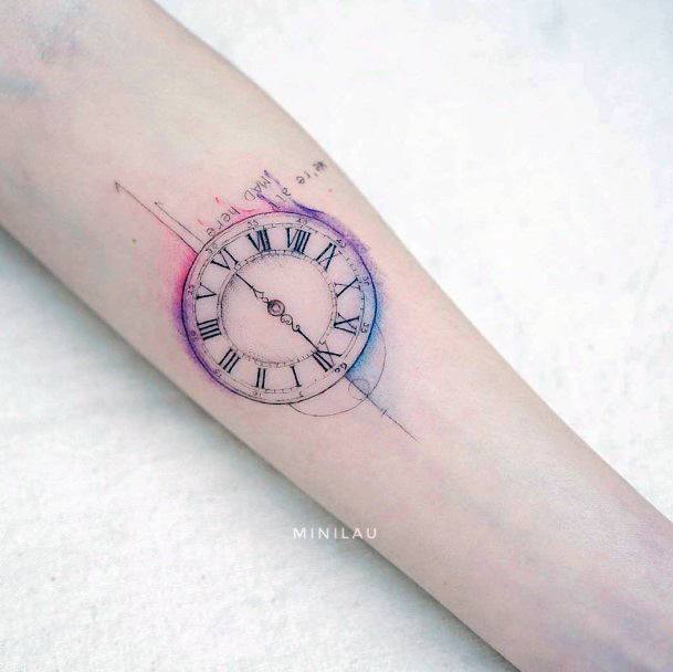 Purple Toned Clock Tattoo Womens Hands