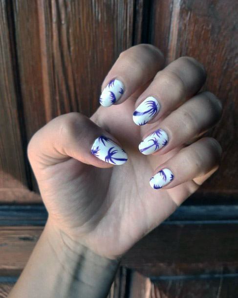 Purple Tropical Trees On Snow White Nails Women